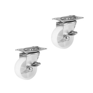 2.54cm White - Universal Swivel Plastic Caster Wheel Set with Break of 2 Pieces